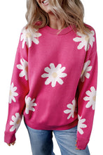 Bright Pink Daisy Flower Crew Neck Long Sleeve Sweater