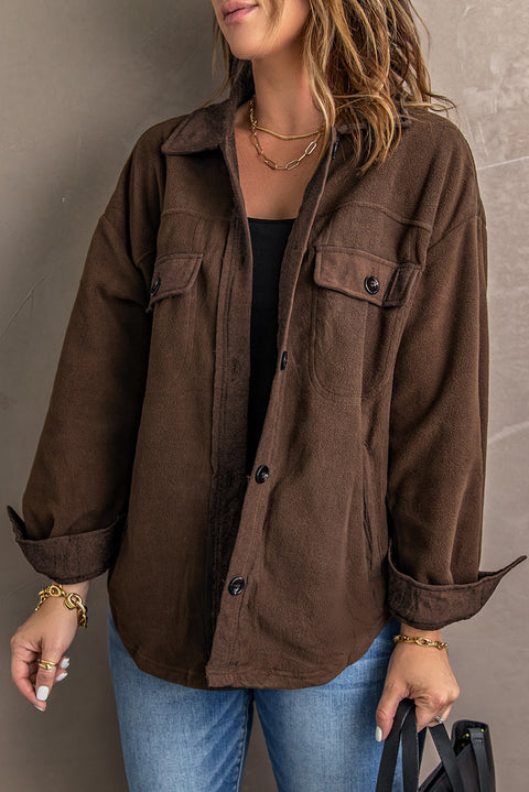 Brown Turn Down Collar Buttoned Shirt Jacket