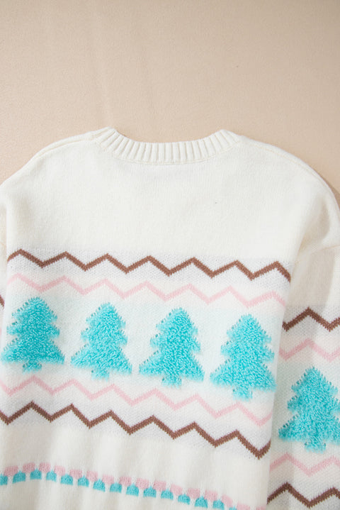 White Striped Christmas Tree Ribbed Trim Drop Shoulder Sweater