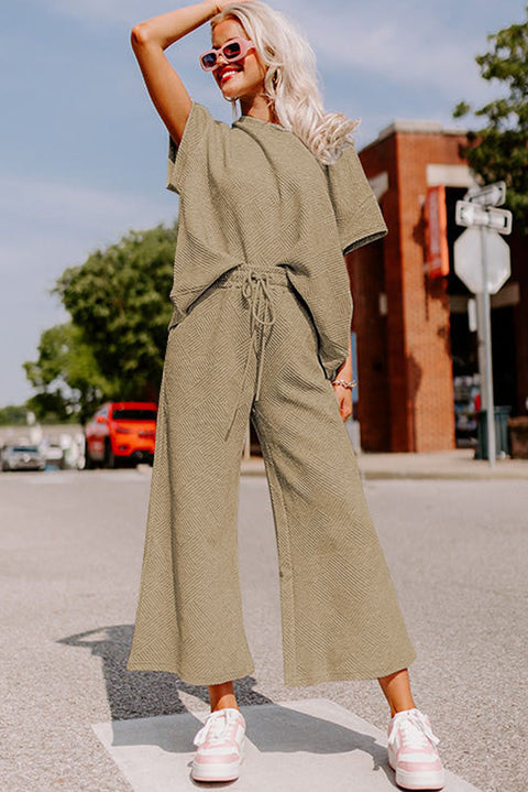 Gray Textured Loose Fit T Shirt and Drawstring Pants Set