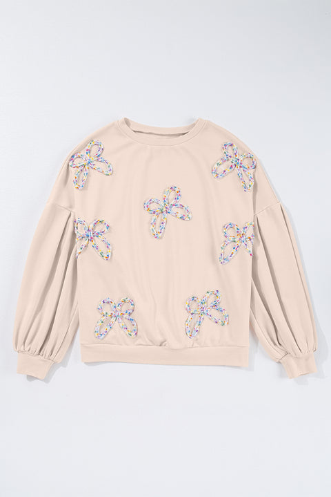 Parchment Embroidered Bow Lantern Sleeve Oversized Pullover Sweatshirt