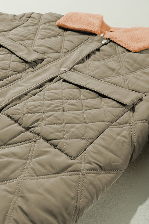 Jungle Green Teddy Collar Flap Pockets Quilted Puffer Jacket