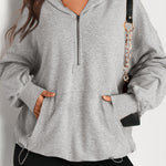 Light Grey Solid Kangaroo Pocket Half Zipper Oversized Hoodie