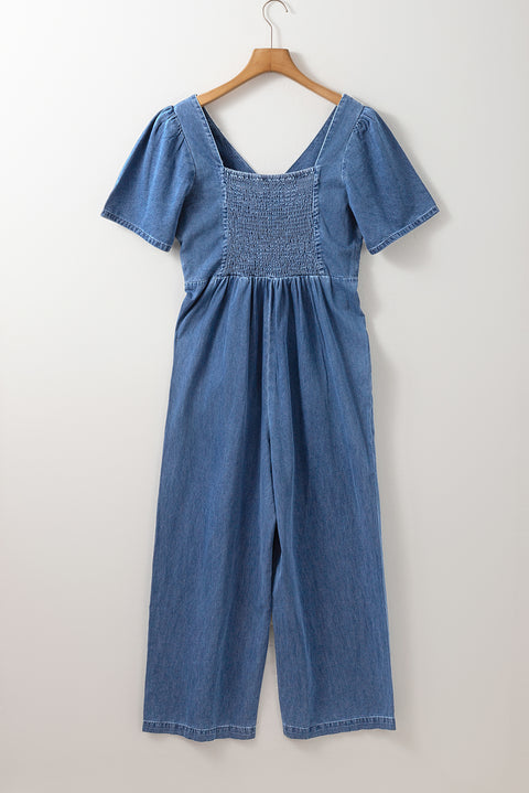 Ashleigh Blue V Neck Short Sleeve Smocked Back Denim Loose Jumpsuit