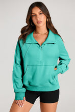 Aruba Blue Quarter Zip Stand Neck Kangaroo Pocket Sweatshirt