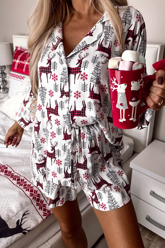 White Christmas Deer Printed Shirt and Shorts Lounge Set