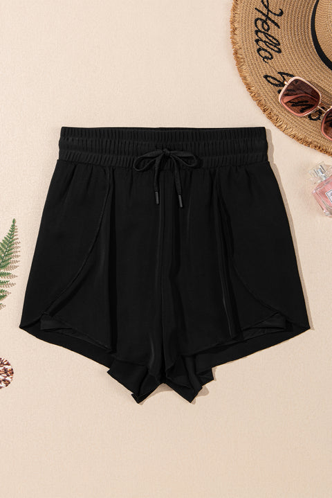 Black High Waisted Drawstring 2-in-1 Side Pocket Color Block Bikini Shorts