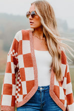 Chestnut Mix Checkered Open Front Knit Cardigan