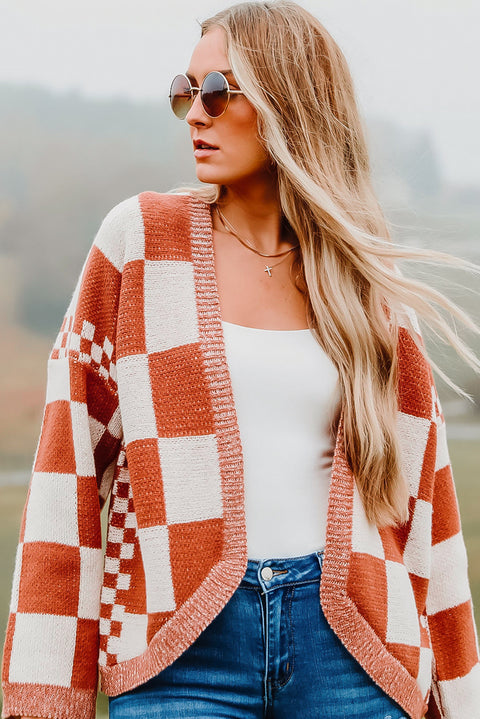 Chestnut Mix Checkered Open Front Knit Cardigan