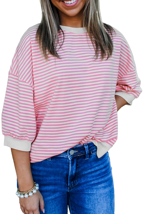 Pink Striped 3/4 Sleeve Drop Shoulder Top