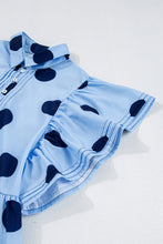 Sky Blue Polka Dot Print Ruffled Short Sleeve Buttoned Collared Blouse