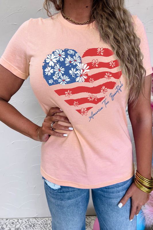 Pink Floral American Flag Heart Shape Graphic T Shirt