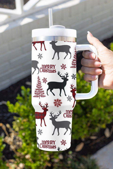 White Merry Christmas Tree Snowflake Elk Print Handle Tumbler