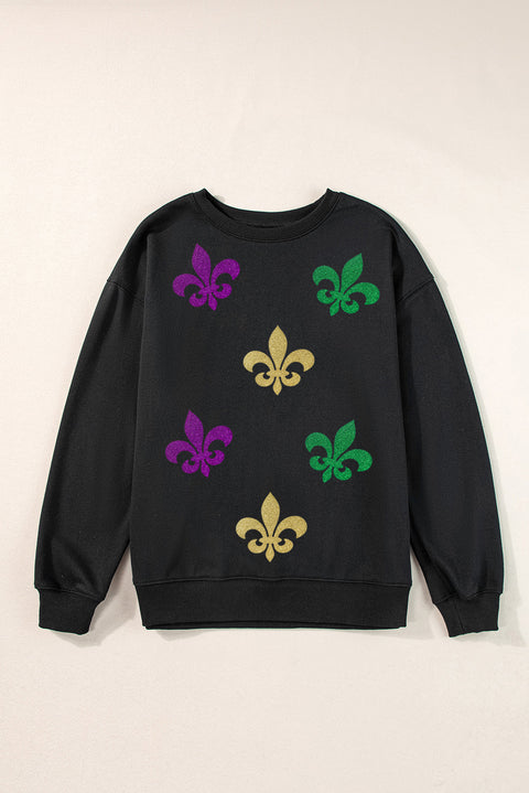 Black Mardi Gras Fleur de Lis Graphic Round Neck Pullover Sweatshirt