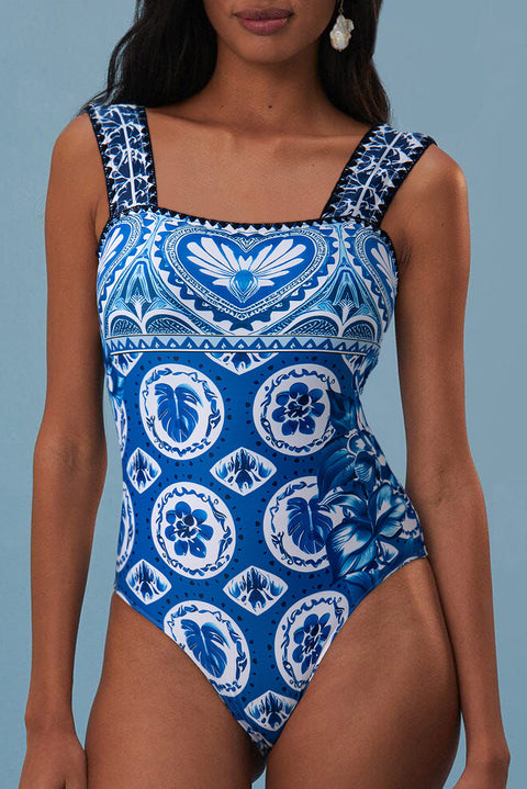 Blue Tile Pattern Ricrac Wide Straps Sheath One Piece Swimsuit