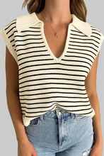 Beige Stripe Turn-down V Neck Sweater Tank Top