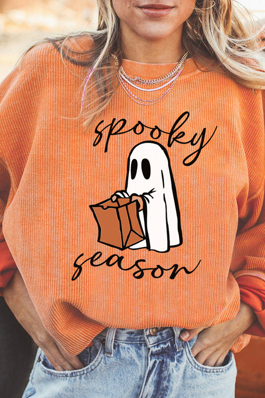 Sudadera de canalé con estampado de fantasma Spooky Season naranja