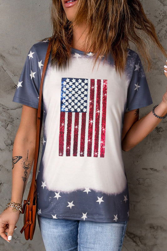 Blue Tie Dye Star Sequin American Flag Graphic T Shirt