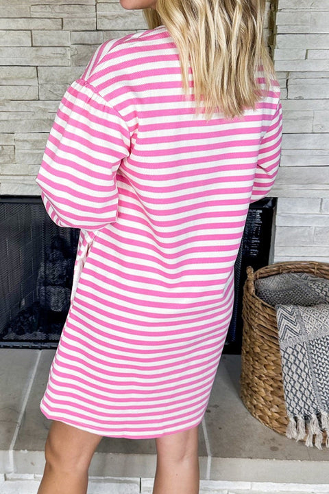 Pink Stripe Round Neck Puff Sleeve Pocketed Shift Dress