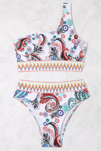 White Boho Paisley Contrast Trimmed One-shoulder Bikini