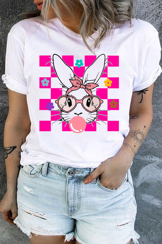 White Bubblegum Easter Rabbit Checker Flower Graphic Plus Tee