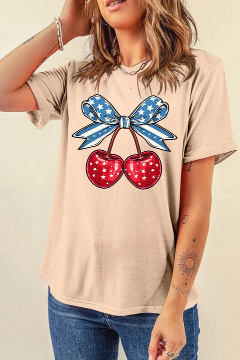 Khaki American Flag Bowknot Cherry Print Crew Neck T Shirt