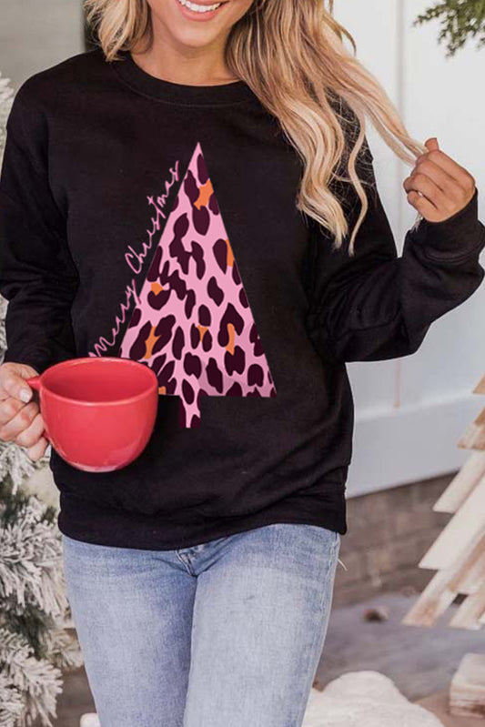 Sudadera con estampado de árbol de Navidad de leopardo negro