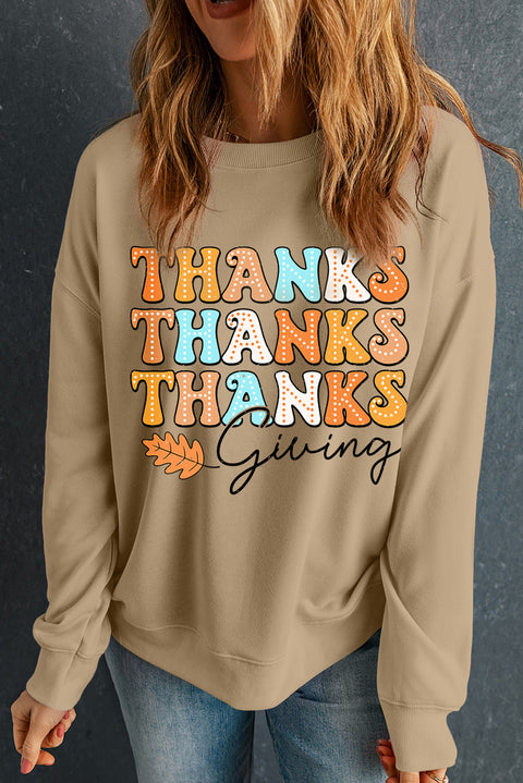 Khaki THANKS giving Leaves Printed Drop Shoulder Sweatshirt