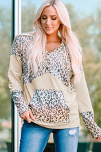 Leopard Patchwork Buttons Hooded Sweatshirt with Pocket