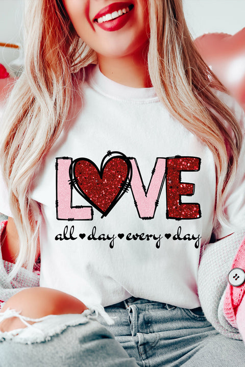 White Valentine LOVE Heart Shape Crew Neck Graphic Tee