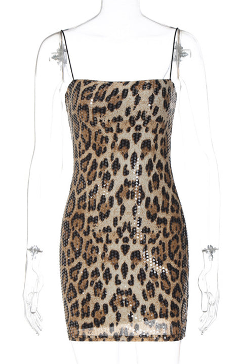 Khaki Sequin Leopard Print Spaghetti Strap Nightclub Hot Dress