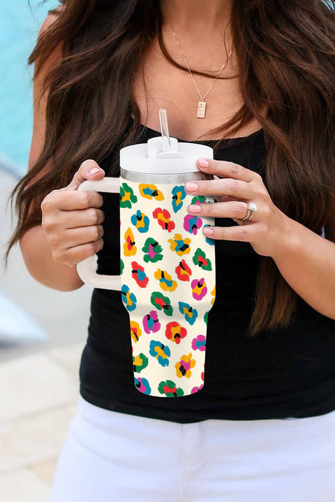 White Multi Color Leopard Print Handle Stainless Tumbler 40oz