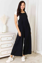 Black Buttoned Straps Crinkled Wide Leg Pocketed Overalls