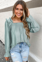 Green Ruffled Square Neck Cuffs Long Sleeve Blouse