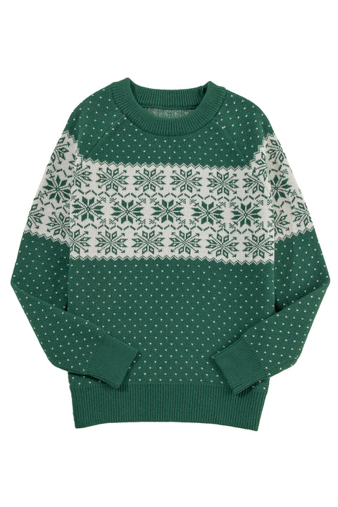 Green Christmas Snowflake Dotted Print Round Neck Sweater