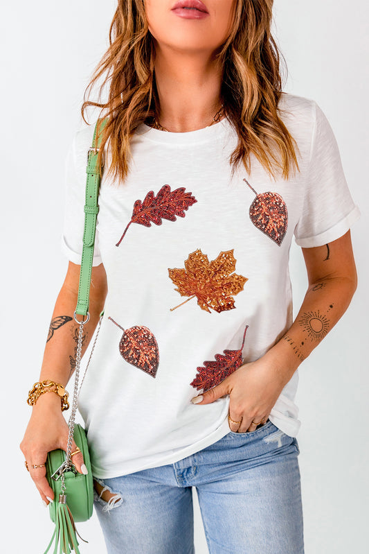 White Halloween Sequined Leaves Graphic Crew Neck T Shirt