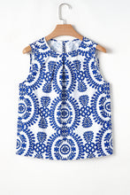 Blue Vintage Print Pintuck Crew Neck Tank Top