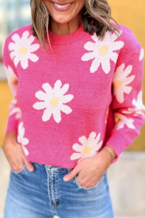 Bright Pink Daisy Flower Crew Neck Long Sleeve Sweater