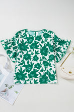 Green Floral Printed Ruffled Short Sleeve Round Neck Loose Blouse