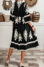 Black Western Geometric Print 3/4 Sleeve Loose Midi Dress