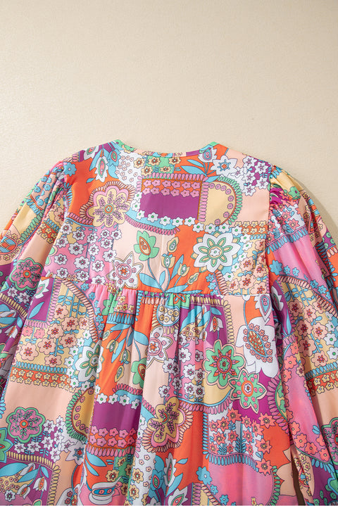 Multicolour Boho Floral Bubble Sleeve Tassel Tied Neck Pleated Blouse