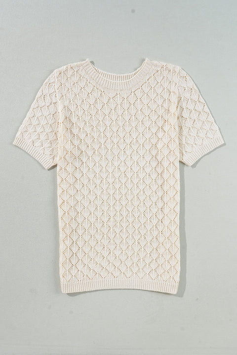 Beige Hollow Out Crochet O Neck Short Sleeve Sweater Tee