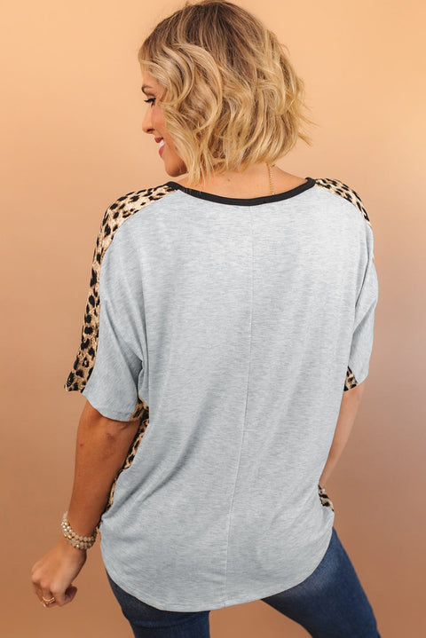 Gray Leopard Bowknot Baseball Graphic Contrast Crewneck Tee