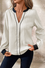 White Textured Colorblock V Neck Elegant Blouse