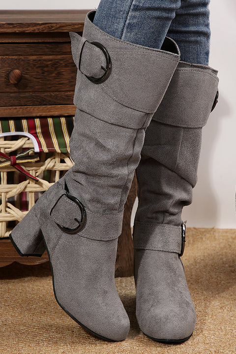 Dark Grey Suede Double Buckled Side Zipped Mid-calf Boots