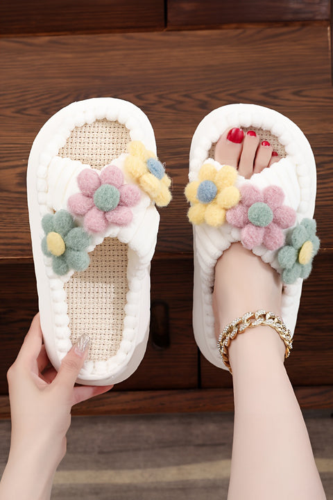 White Fuzzy Flower Cross Strap Open Toe Slippers