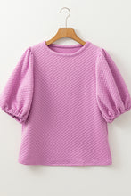 Phalaenopsis Solid Textured O Neck Puff Sleeve Blouse