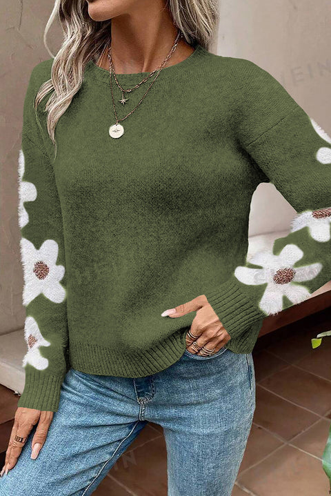 Moss Green Flower Sleeve Drop Shoulder Sweater