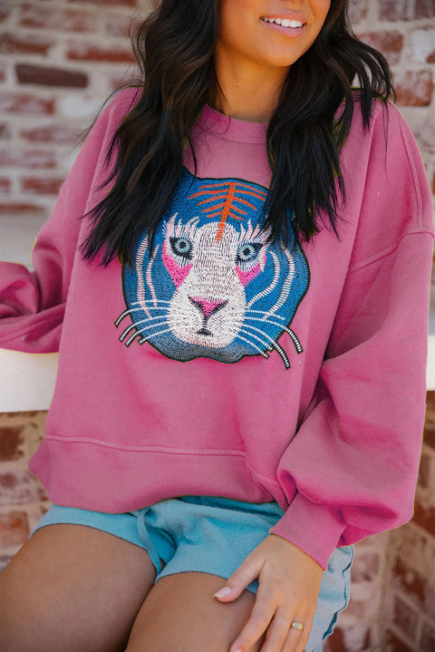 Rose Chic Tiger Embroidered Casual Sweatshirt