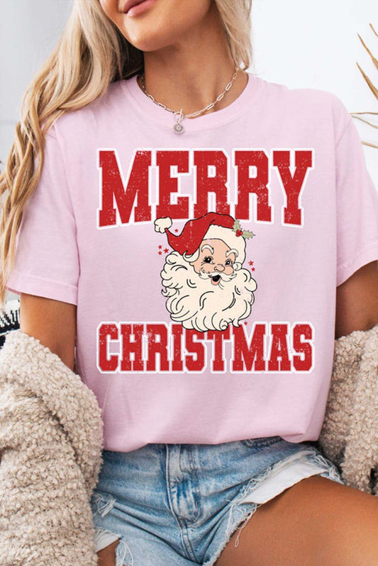 Pink MERRY CHRISTMAS Santa Claus Printed T Shirt